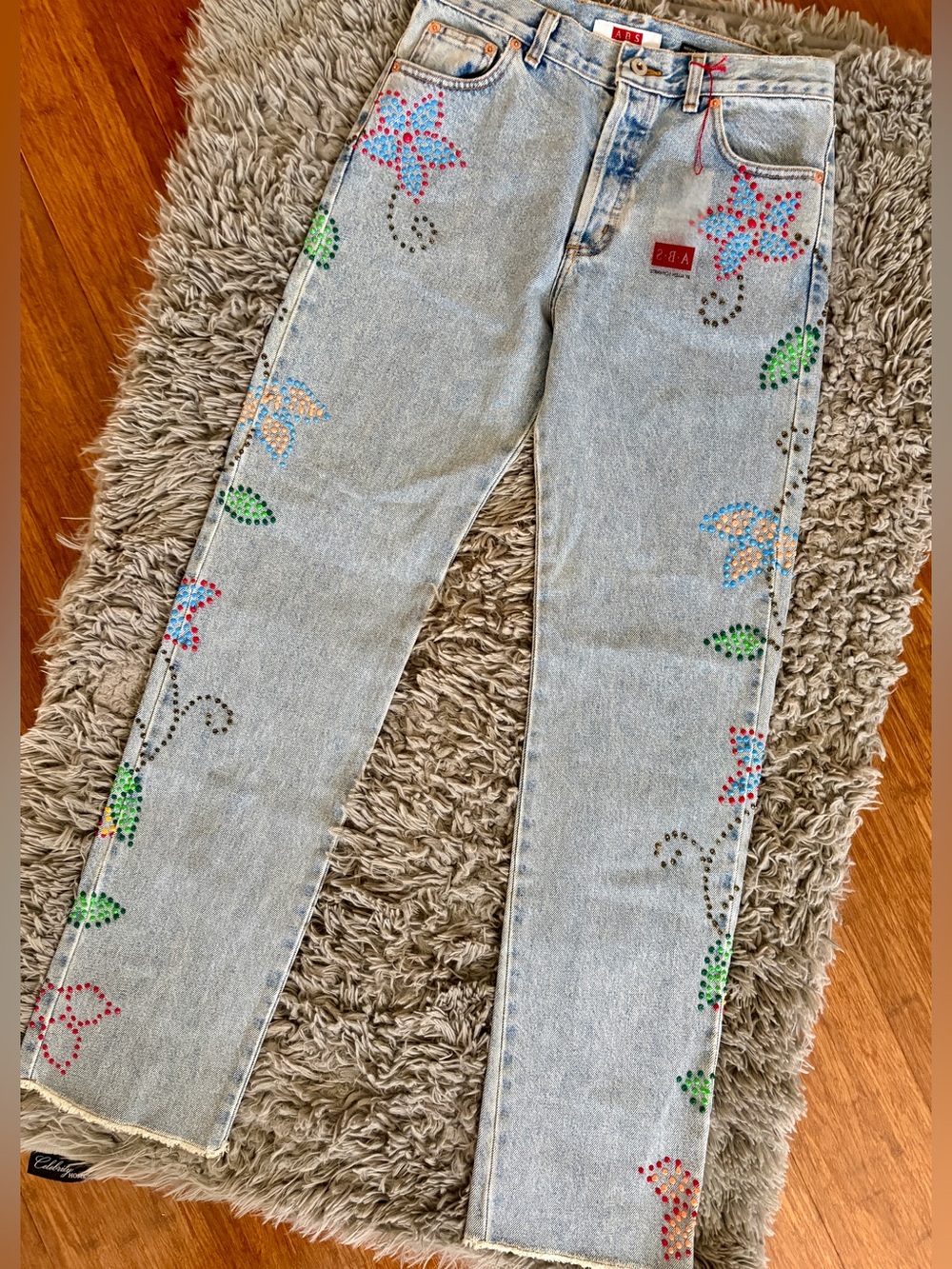 Vintage Jeans ABS NWT Light Wash Bright Floral Dot Painted Deco Appliqué Amazing